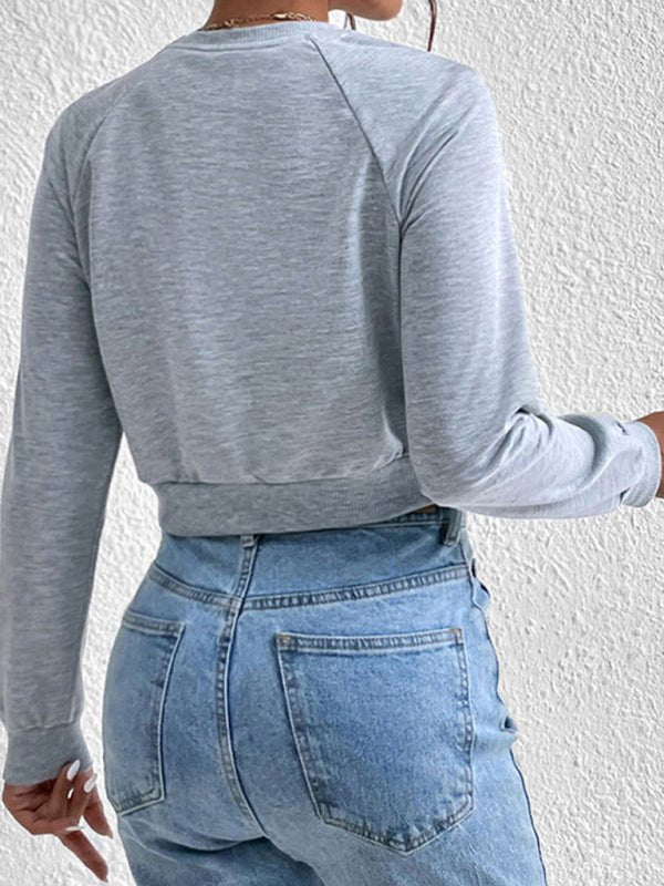 New women's long - sleeved round neck solid color sweater - Outerwear